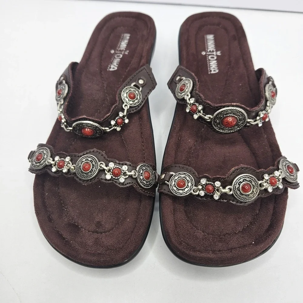 Minnetonkia Sandels Brown Leather Size 8 Heel To Toe‎ 10.5